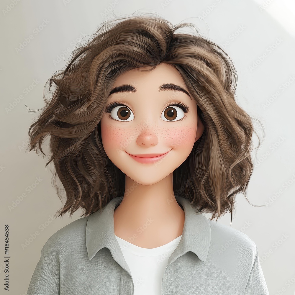A cheerful young woman with vibrant animated features smiles brightly, capturing a joyful moment in style. A cheerful young woman with vibrant animated features smiles brightly, capturing a joyful moment in style.