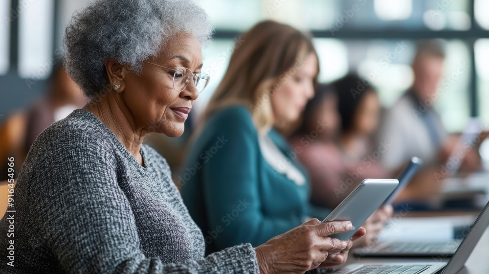 A serene scene of an adult learning class where middle-aged and senior participants are intently focused on their tablets and laptops, guided by an instructor who is patiently explaining a concept, A serene scene of an adult learning class where middle-aged and senior participants are intently focused on their tablets and laptops, guided by an instructor who is patiently explaining a concept,