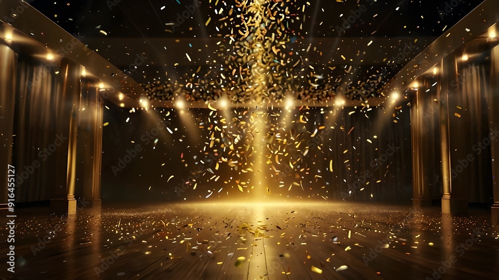 Golden confetti raining down from a celebratory stage with a light beam ...