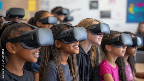 A classroom scene where students are using VR headsets to explore a virtual world, guided by their teacher, who is explaining the immersive experience, highlighting the integration of emerging