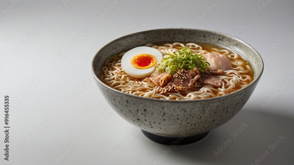 A bowl of ramen noodle soup with meat and egg toppings A bowl of ramen noodle soup with meat and egg toppings