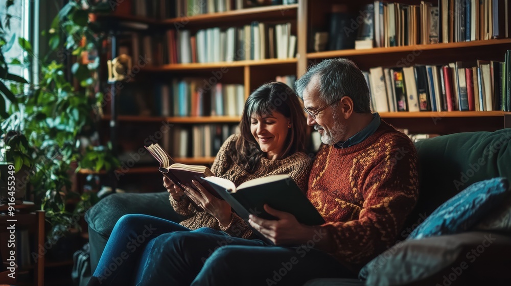 An adult couple sitting in a cozy living room, reading books together, with a sense of tranquility and mutual support, reflecting the lifelong pursuit of knowledge and the joy of shared intellectual An adult couple sitting in a cozy living room, reading books together, with a sense of tranquility and mutual support, reflecting the lifelong pursuit of knowledge and the joy of shared intellectual