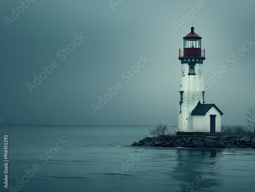 Tall White Lighthouse on a Rocky Shore with a Stormy Sea and Cloudy Sky