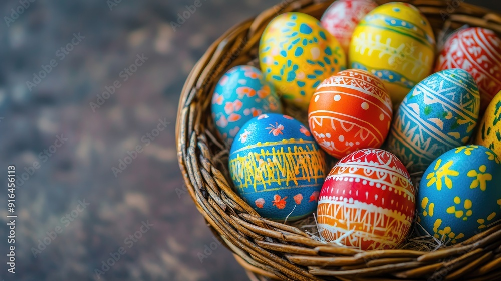colorful easter eggs in basket . With copy space colorful easter eggs in basket . With copy space