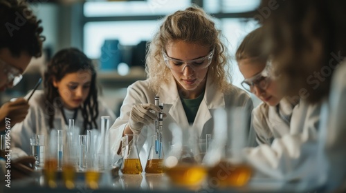 A modern science lab where students are conducting a chemistry experiment, with test tubes and beakers, guided by their teacher, highlighting the importance of hands-on learning and the excitement of