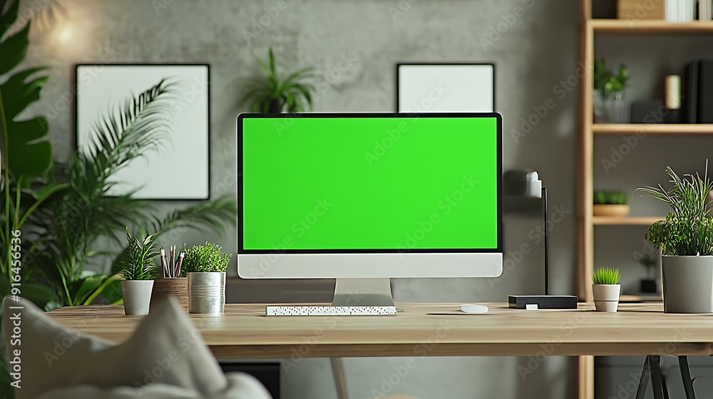 Modern Home Office with Green Screen Computer Modern Home Office with Green Screen Computer