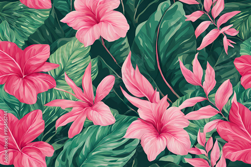 A seamless pattern of tropical leaves and flowers in vibrant greens and pinks, perfect for summer-themed designs.