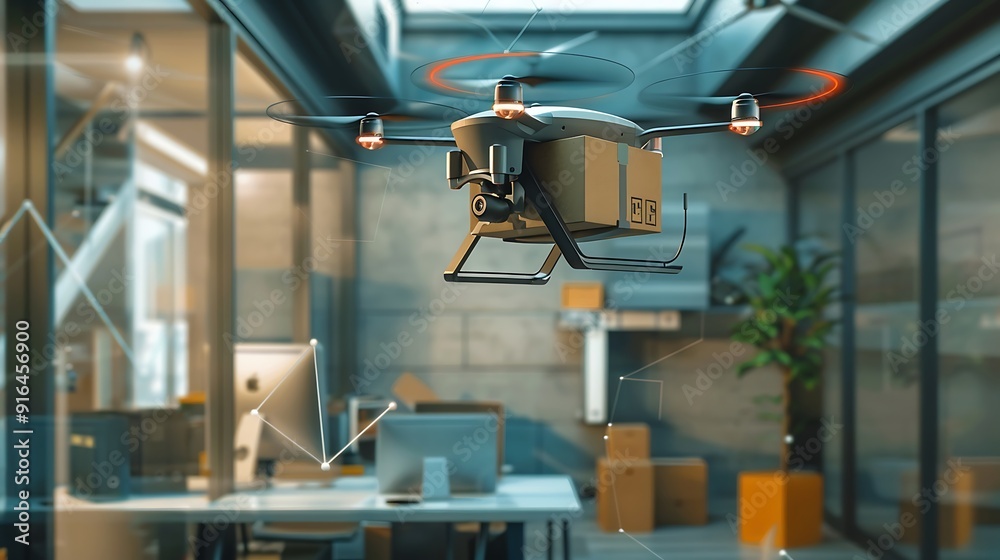 Quadcopter drone flying in modern office. Quadcopter drone flying in modern office.