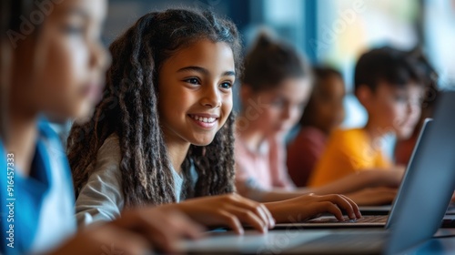 A dynamic classroom where students are participating in a coding lesson, working on laptops and collaborating on projects, guided by a teacher who encourages problem-solving, creativity, and