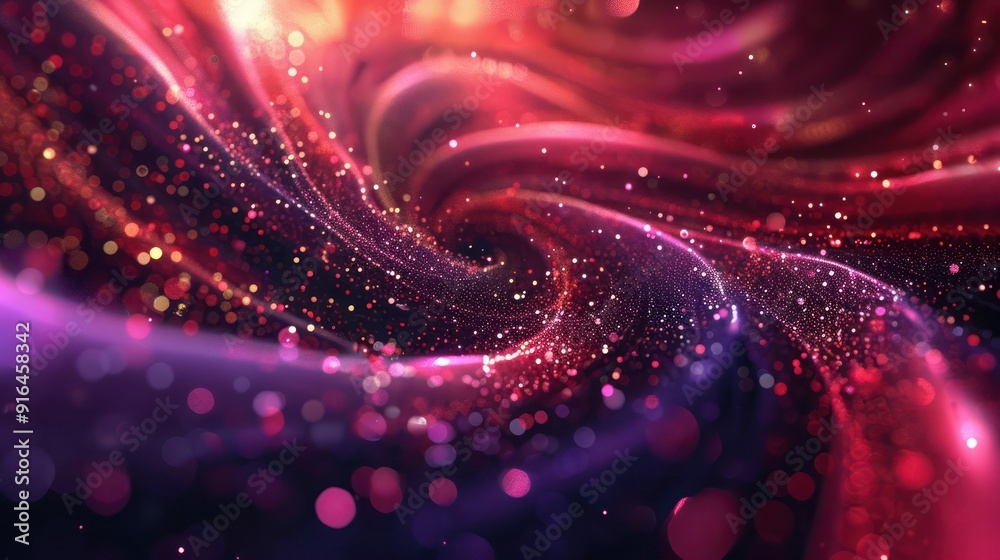 3D abstract background adorned with particle effects in bold crimson and deep purple, where swirling and sparkling elements 3D abstract background adorned with particle effects in bold crimson and deep purple, where swirling and sparkling elements