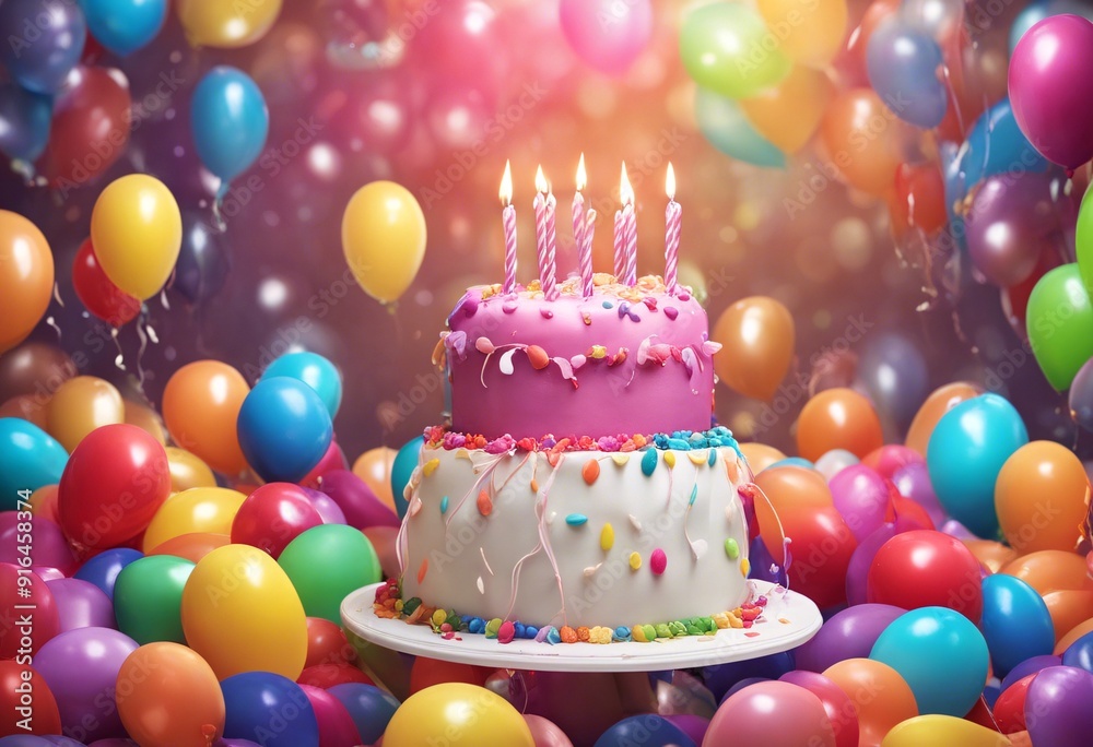 Colorful Birthday Party Balloons with Cake and Candles - Festive Celebration Background Colorful Birthday Party Balloons with Cake and Candles - Festive Celebration Background