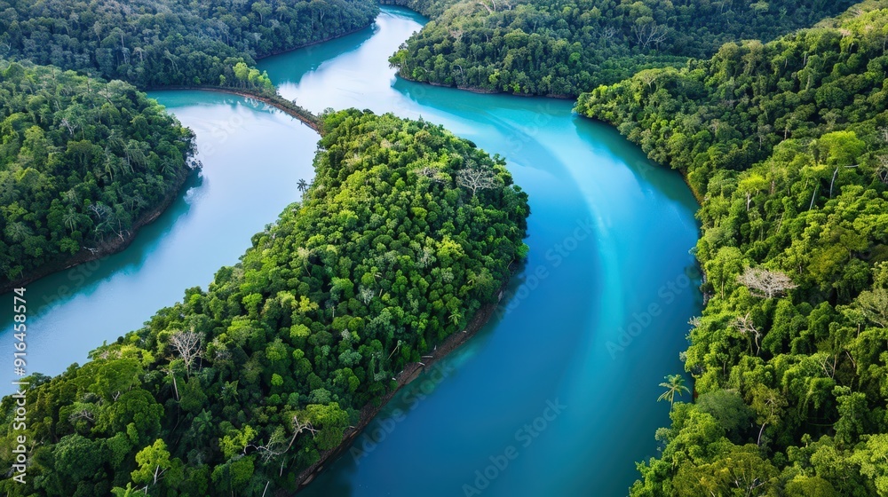 An aerial shot of a winding river cutting through a dense forest. The lush greenery contrasts beautifully with the blue waters, creating a serene and picturesque landscape. An aerial shot of a winding river cutting through a dense forest. The lush greenery contrasts beautifully with the blue waters, creating a serene and picturesque landscape.