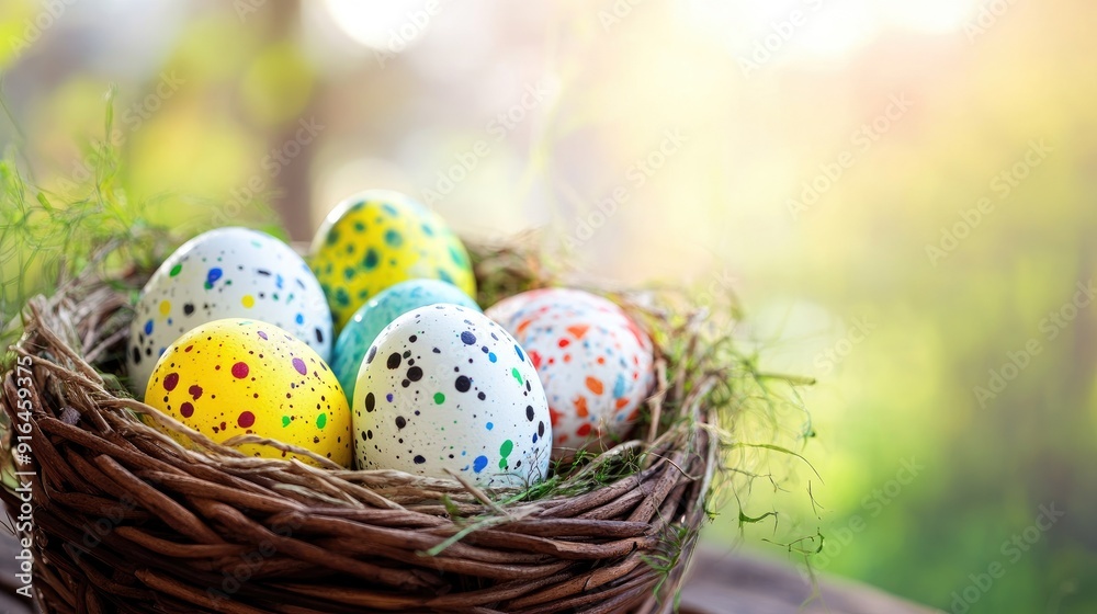 colorful easter eggs in basket . With copy space