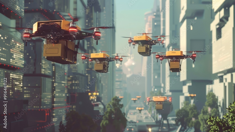 An innovative drone delivery system in action, with drones carrying packages through the air to various destinations in a modern urban environment. An innovative drone delivery system in action, with drones carrying packages through the air to various destinations in a modern urban environment.