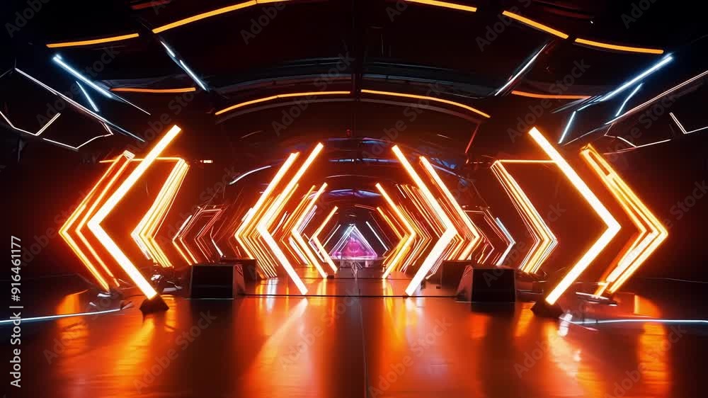 The stage is transformed into a futuristic wonderland with a dynamic LED wall of orange neon arrow designs.
