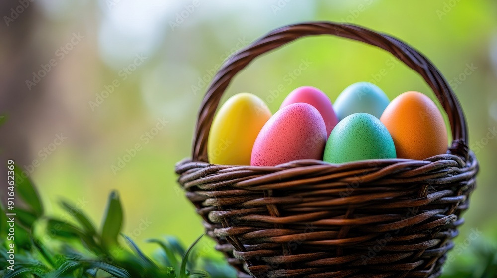 colorful easter eggs in basket . With copy space colorful easter eggs in basket . With copy space