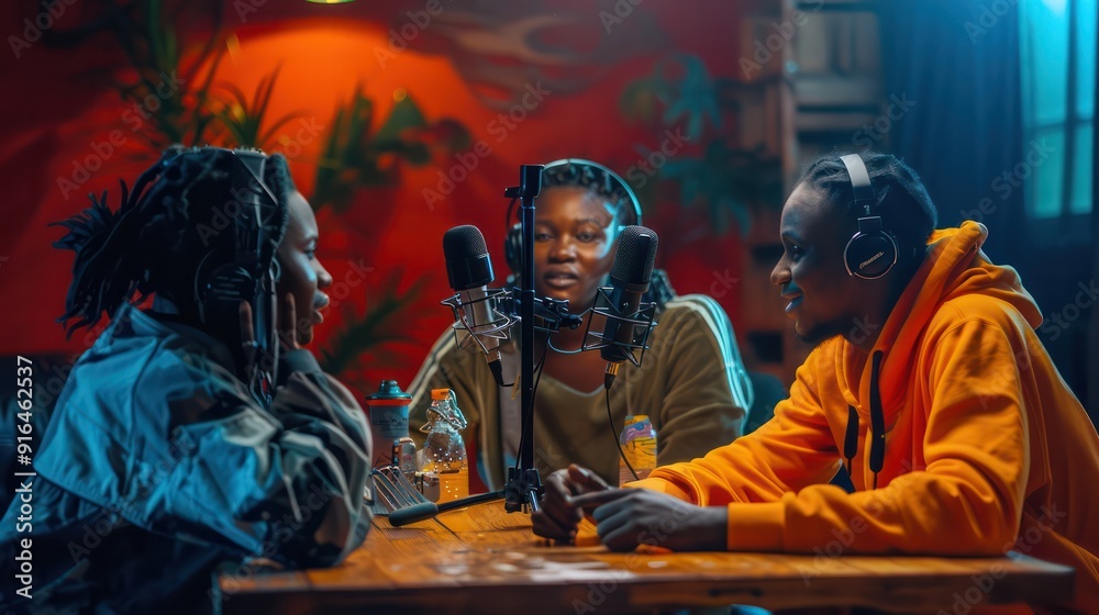 Group of three African people sitting around a table with microphones and headphones for podcasting. warm studio background Group of three African people sitting around a table with microphones and headphones for podcasting. warm studio background