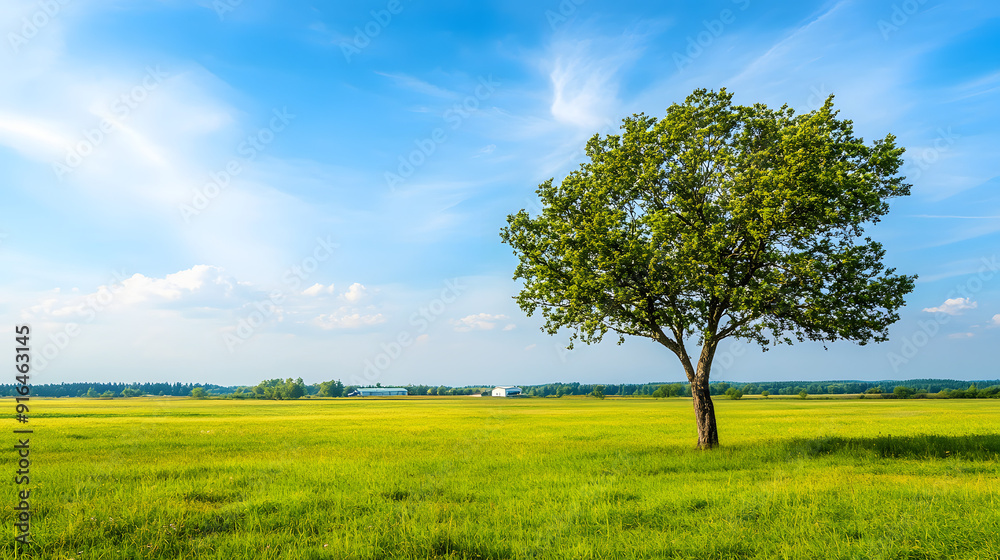 Sole Tree in Foreground of Serene Landscape with Distant Hospice, Symbolizing Calm and End-of-Life Solace Sole Tree in Foreground of Serene Landscape with Distant Hospice, Symbolizing Calm and End-of-Life Solace