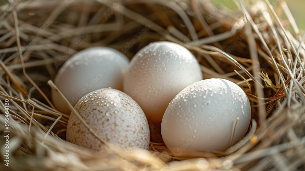 white chicken eggs nestled in a cozy, straw-filled nest. white chicken eggs nestled in a cozy, straw-filled nest.