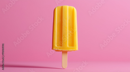 Yellow Popsicle on Pink Background. A bright yellow popsicle standing upright against a vibrant pink background, perfect for summer or fun-themed imagery.