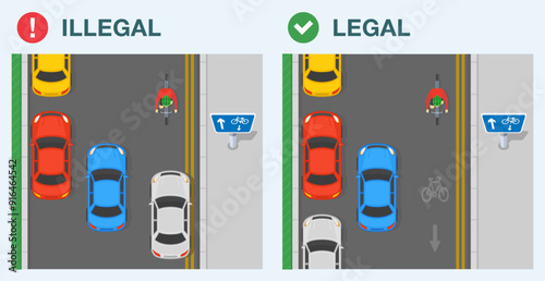 Safe driving tips and traffic regulation rules. Legal and illegal driving. Top view of a parked cars on a one-way street with contraflow bicycle route. Flat vector illustration template.