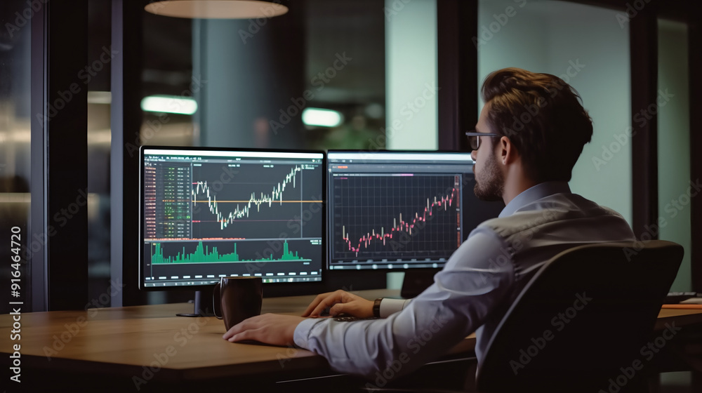 A financial UX designer is sitting at his desk, with the computer screen showing real-time stock market data and charts in front of him. A financial UX designer is sitting at his desk, with the computer screen showing real-time stock market data and charts in front of him.