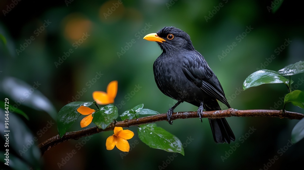 A black and yellow bird perched on a branch with yellow flowers. A black and yellow bird perched on a branch with yellow flowers.
