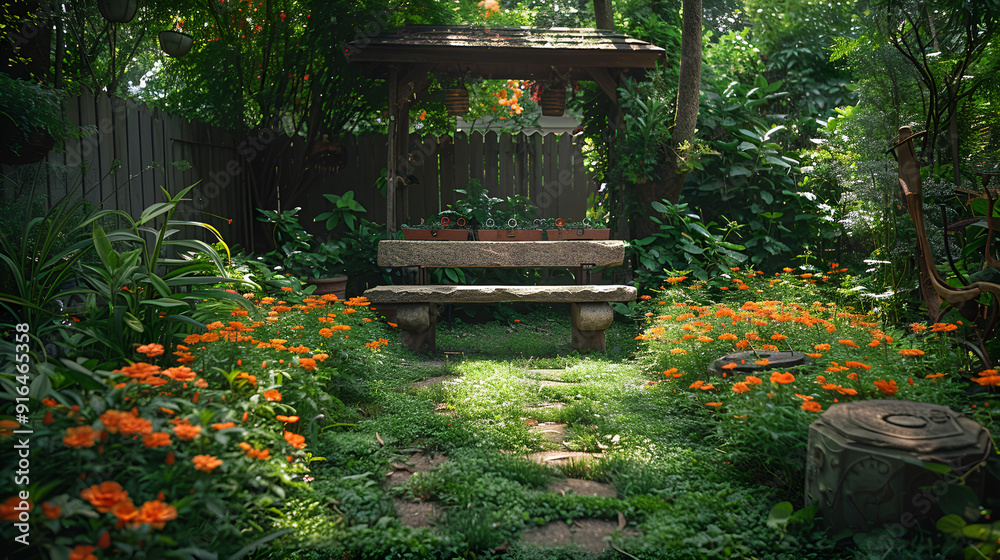 A garden with a bench in the middle of it A garden with a bench in the middle of it