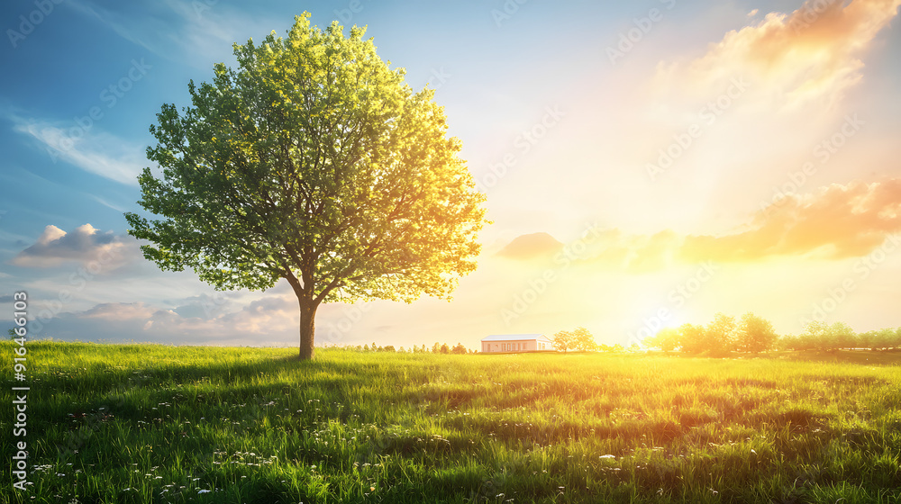 Fototapeta premium Sole Tree in Foreground of Serene Landscape with Distant Hospice, Symbolizing Calm and End-of-Life Solace