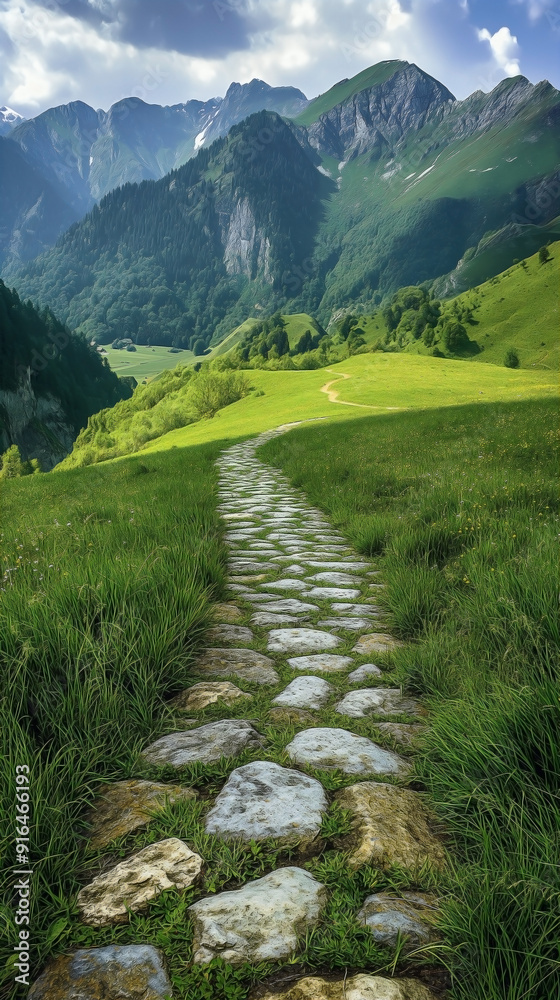 Fototapeta premium a stone road winding through a lush green grass meadow, leading towards distant mountains and valleys.