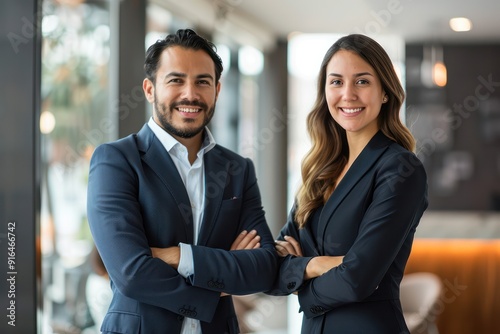 A Latin Lawyers Team Both genders smile at the camera. modern office background advertising scene