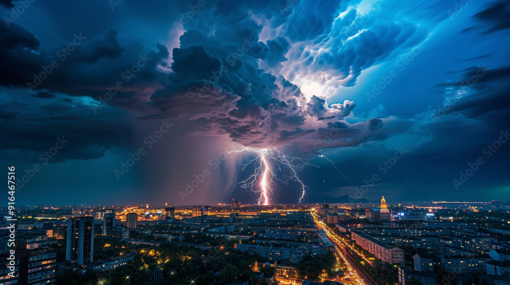 Obraz premium Lightning storm over city in purple light, Lightning storm over city in blue light, Lightning during summer storm, A vivid lightning bolt arcing across a stormy sky, illuminating the clouds.