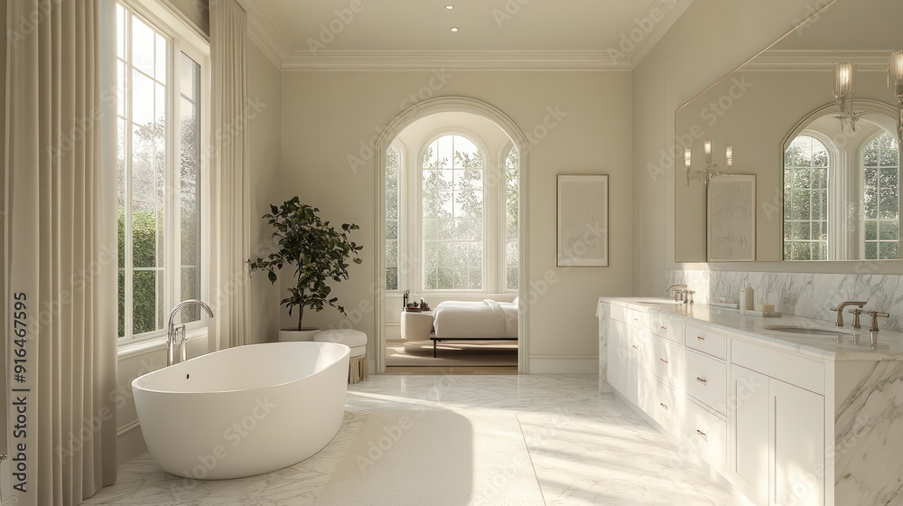 Fototapeta premium Luxurious bathroom featuring a freestanding tub, double vanity, and marble finishes. High-end fixtures and a spacious layout create a spa-like experience at home.