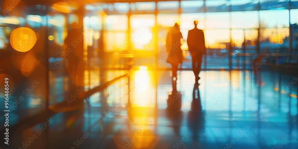 A blurry image of two people walking through a glass building. AI. A blurry image of two people walking through a glass building. AI.