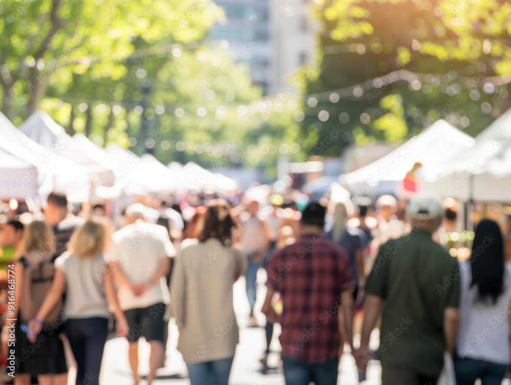 A group of people walking down a street with tents in the background. AI. A group of people walking down a street with tents in the background. AI.