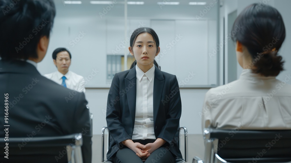A stressed-looking Asian woman is being interviewed by a board of directors in a conference room. A stressed-looking Asian woman is being interviewed by a board of directors in a conference room.