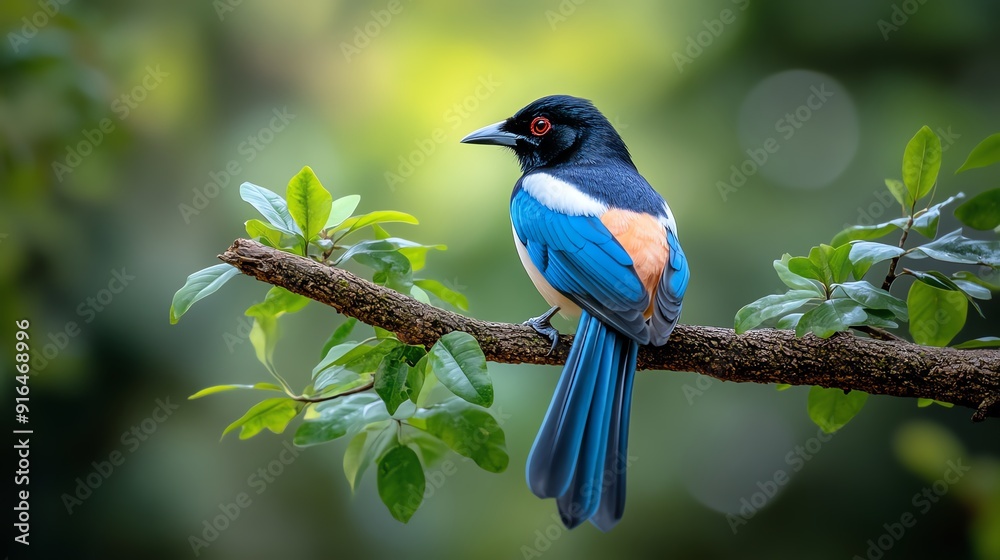 A vibrant blue and black bird perched on a branch, with a blurred green background. A vibrant blue and black bird perched on a branch, with a blurred green background.