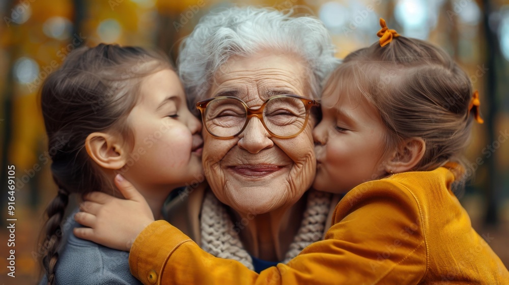 An older woman is kissing two little girls on the cheek. AI. An older woman is kissing two little girls on the cheek. AI.