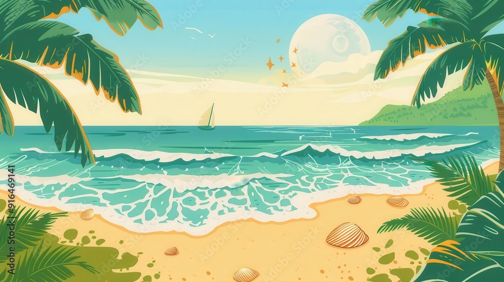 Obraz premium Create a vector graphic of a serene beach scene. What details, such as waves, palm trees, and shells, do you include to evoke a sense of relaxation and escape
