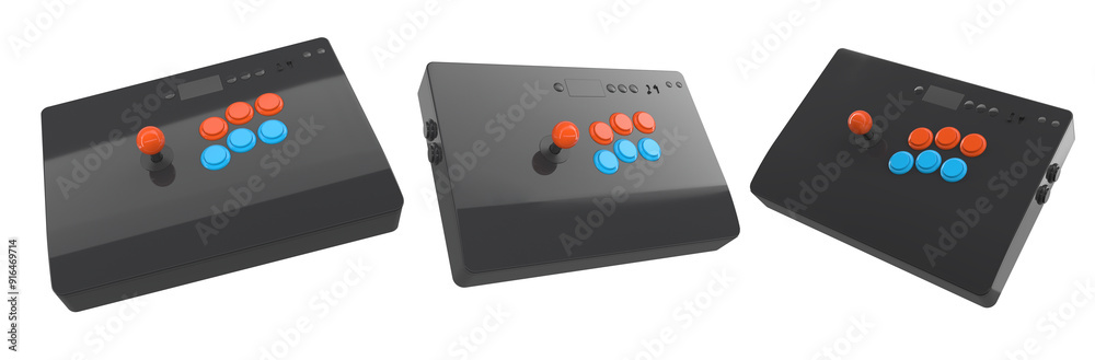 A set of three colorful arcade joysticks, catering to retro gaming enthusiasts isolated on white background with clipping path A set of three colorful arcade joysticks, catering to retro gaming enthusiasts isolated on white background with clipping path