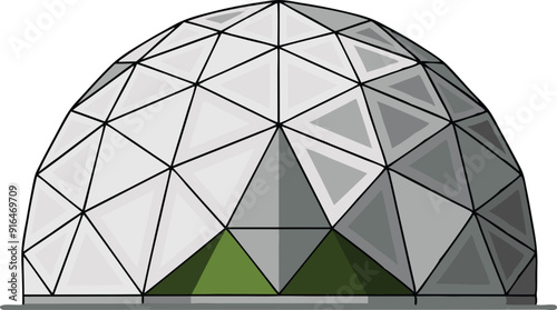 A modern geodesic dome design featuring triangular patterns and a green base for sustainable architecture.