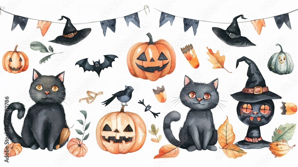 Happy Halloween Big Collection with Kitty Character Part on White Background