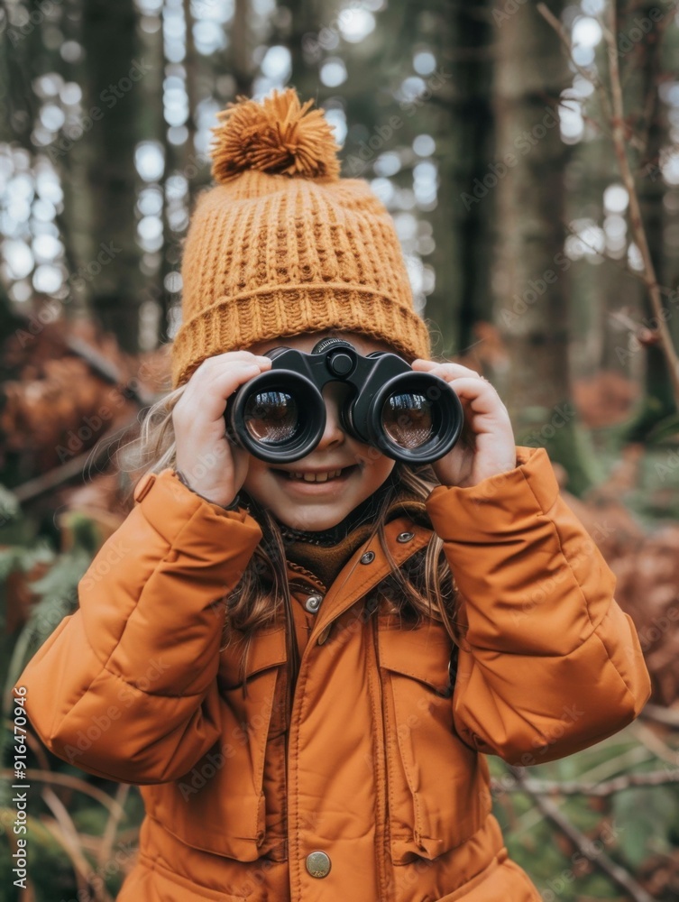 Fotografie Curious child exploring nature with binoculars. AI.