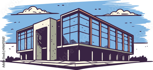 A contemporary building featuring large glass windows under a clear blue sky with fluffy clouds surrounding it.