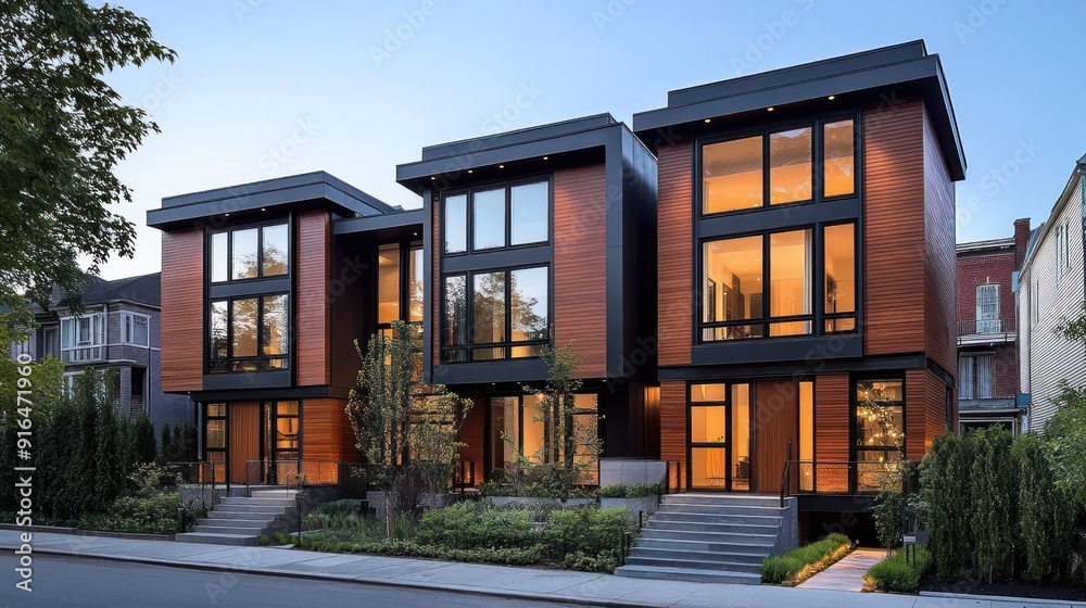Fototapeta premium Townhouse exterior is modern with clean lines. big window and simple design Architectural details emphasize contemporary urban living.
