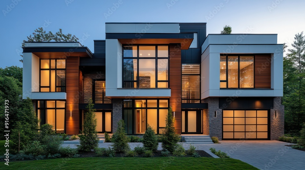 Fototapeta premium Townhouse exterior is modern with clean lines. big window and simple design Architectural details emphasize contemporary urban living.