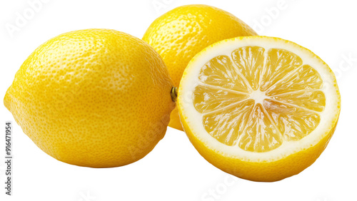 A whole lemon with its bright yellow skin and one sliced in half showing juicy interior, Isolated on transparent background photo