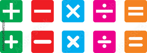 Basic mathematical symbol. Plus and minus icon set. Math symbol. Multiply icon. Equals symbol, division symbol, Calculator button, business finance concept in vector colorfull. Vector illustration