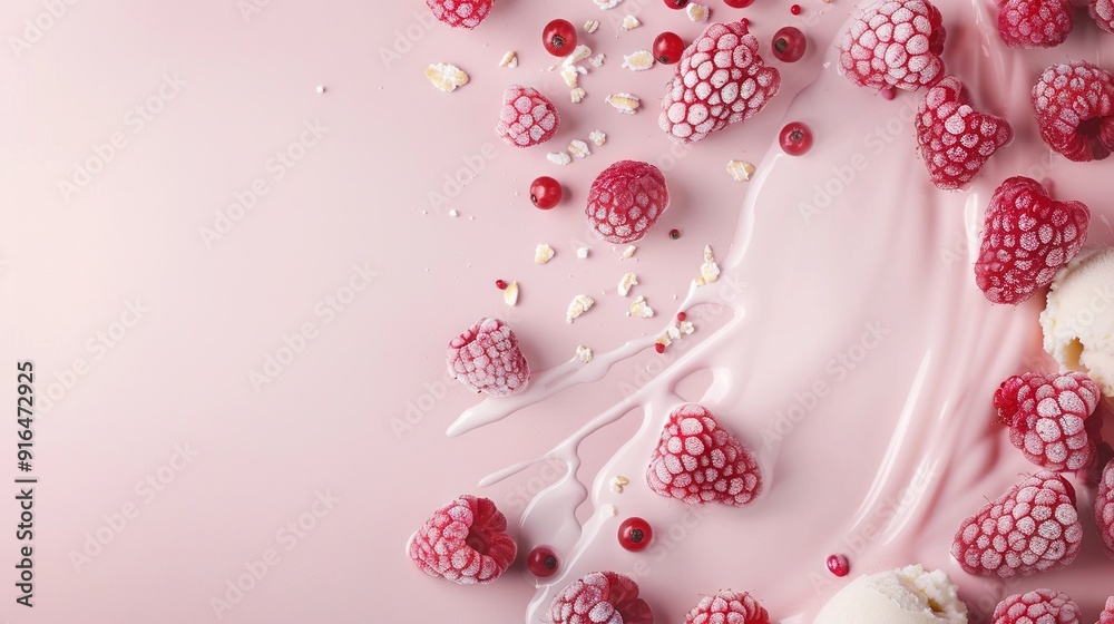Raspberries on pink cream surface, with milk splash & scattered berries Raspberries on pink cream surface, with milk splash & scattered berries