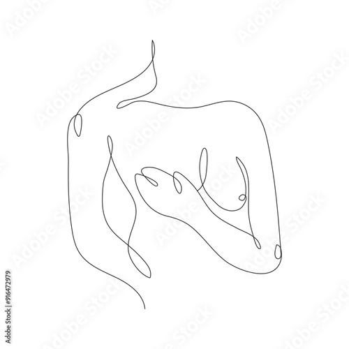 Breast cancer single line art background with woman and pink ribbon. Simple vector web banner. One continuous line drawing with text breast cancer.